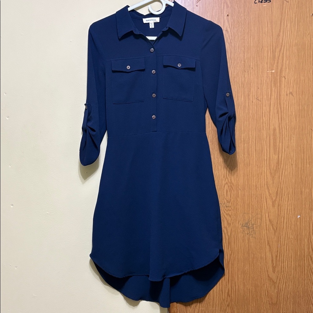 Monteau Navy Blue Shirt Dress Size M Roll Tab Sleeves Pockets High Low Hem